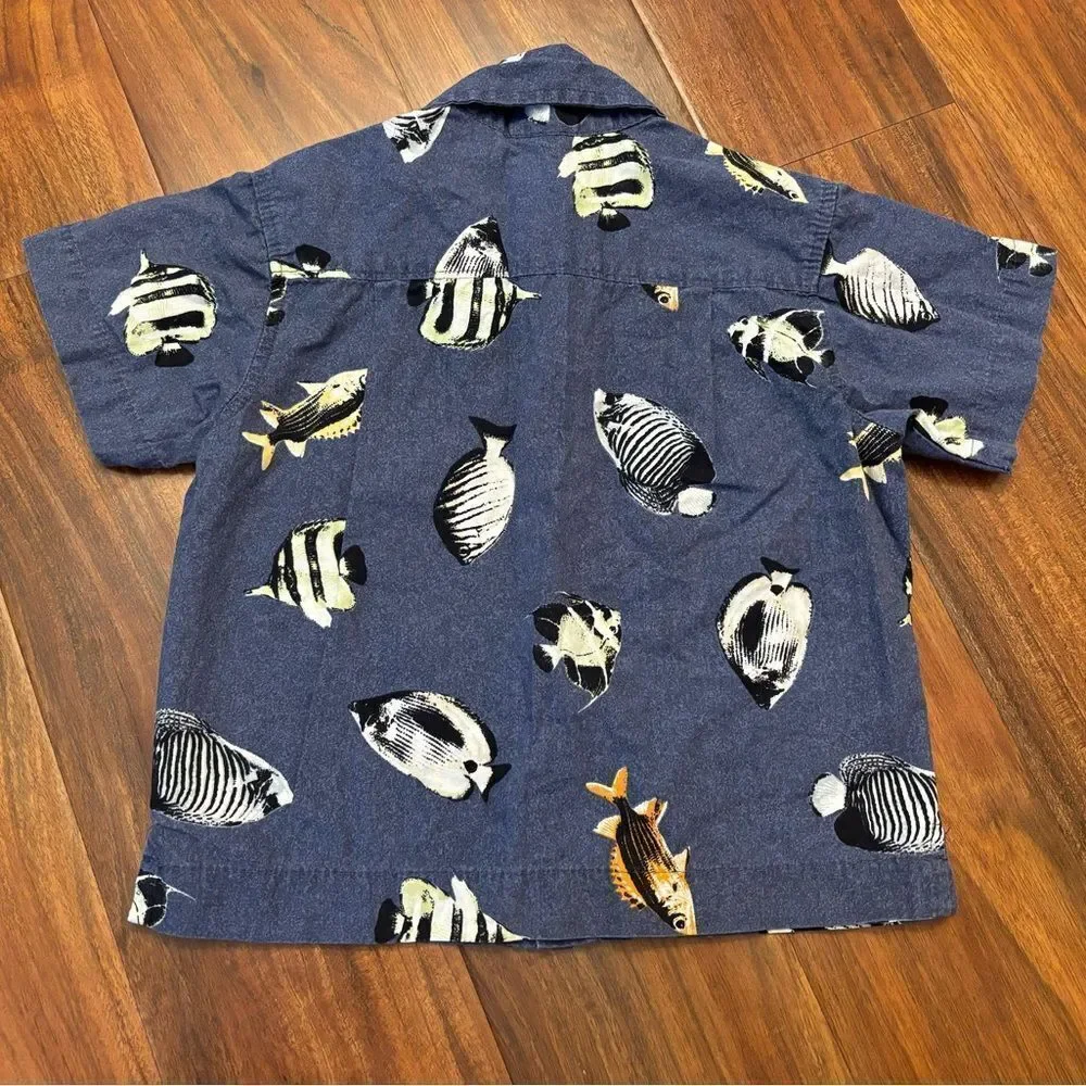 Osh Kosh B’Gosh vintage navy faded fish button down short sleeve collared shirt